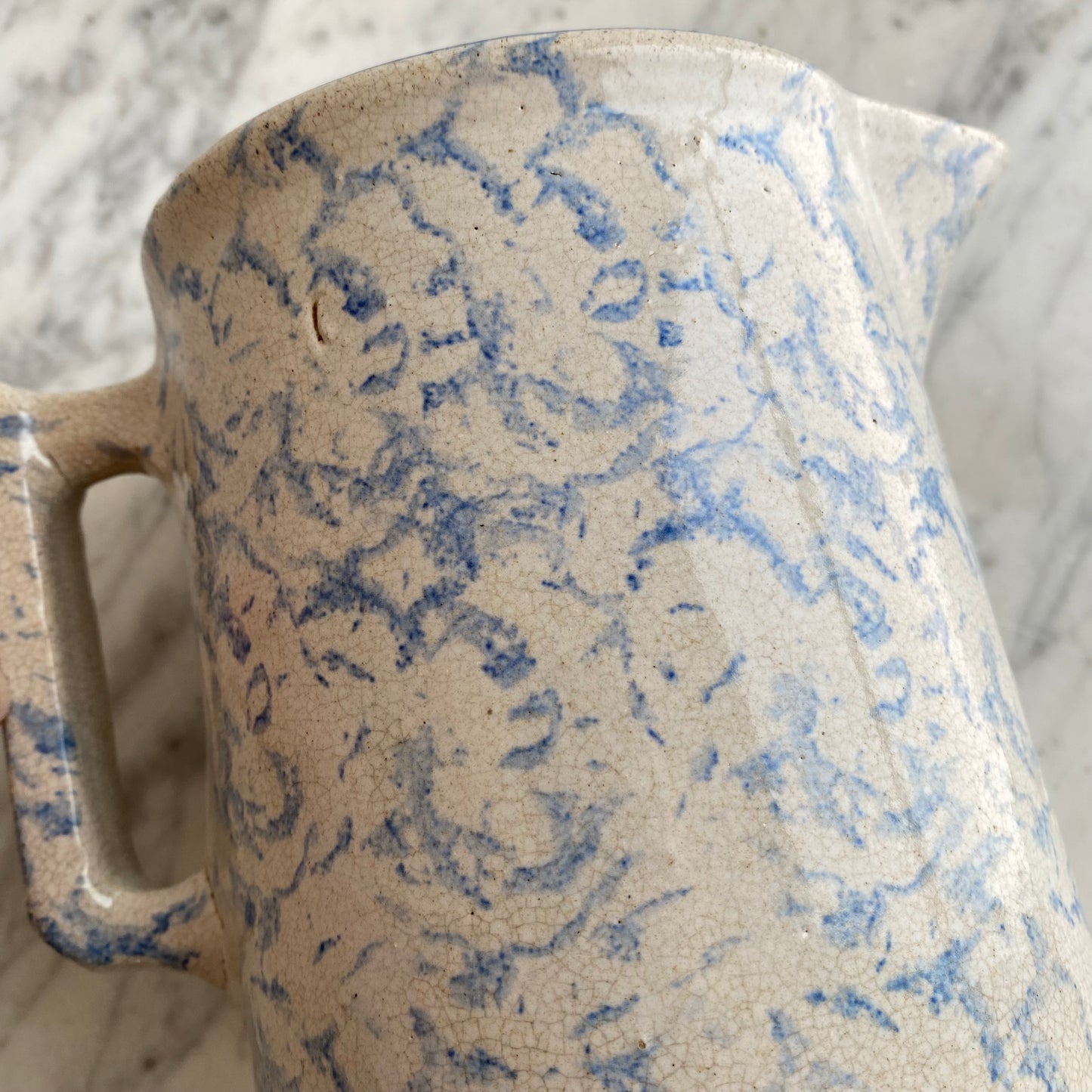 Antique Light Blue Spongeware Pottery Pitcher, 6.5”