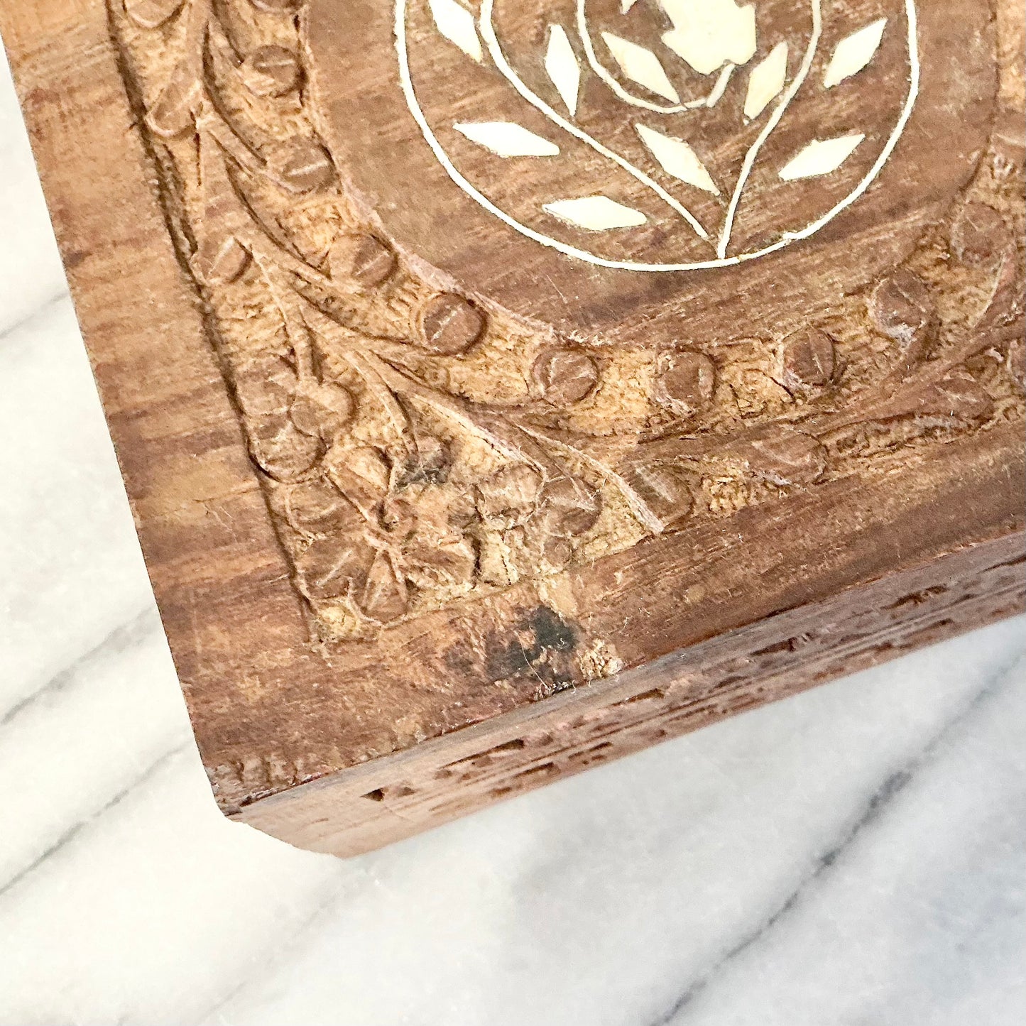 Vintage Carved Wooden Box with Inlay