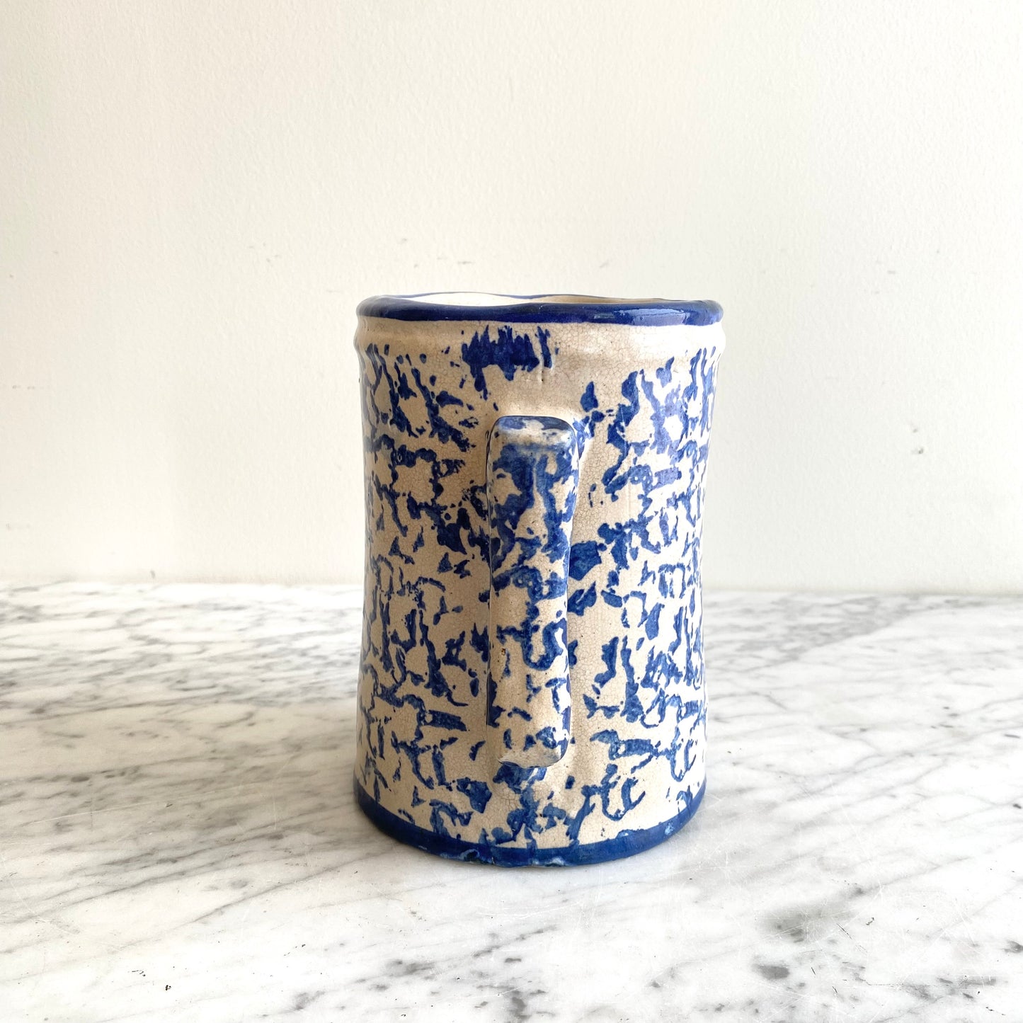 Antique Blue Spongeware Pottery Pitcher, 7”