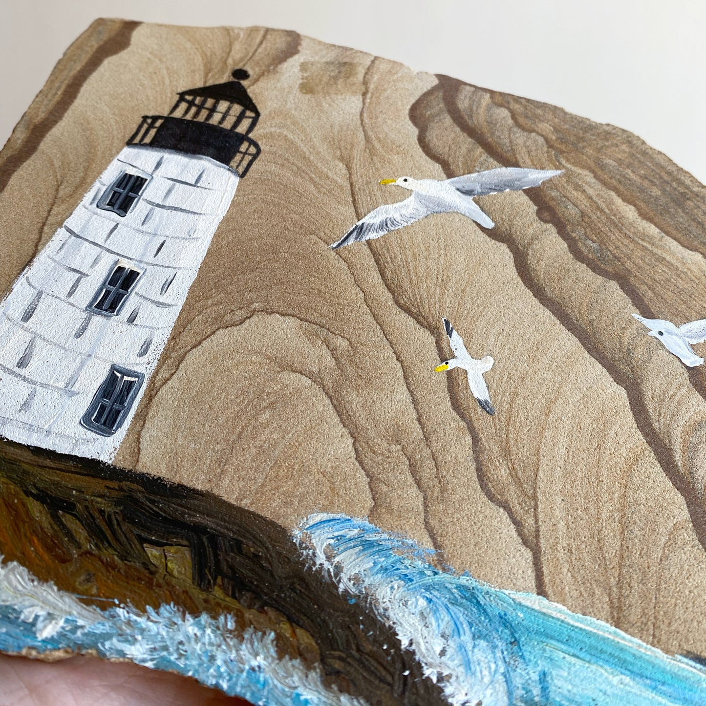 Vintage Hand-painted “Lighthouse & Seashore” Stone Plaque