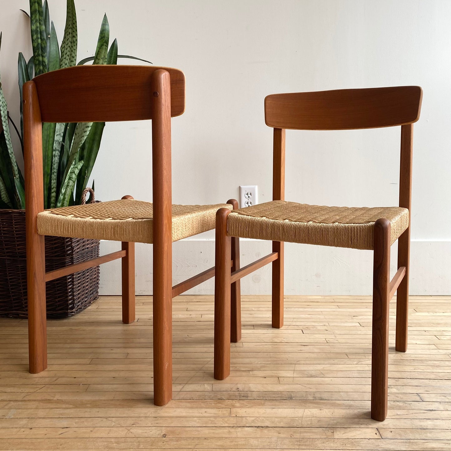 PAIR of Vintage Teak Dining Chairs with Paper Cord Seats