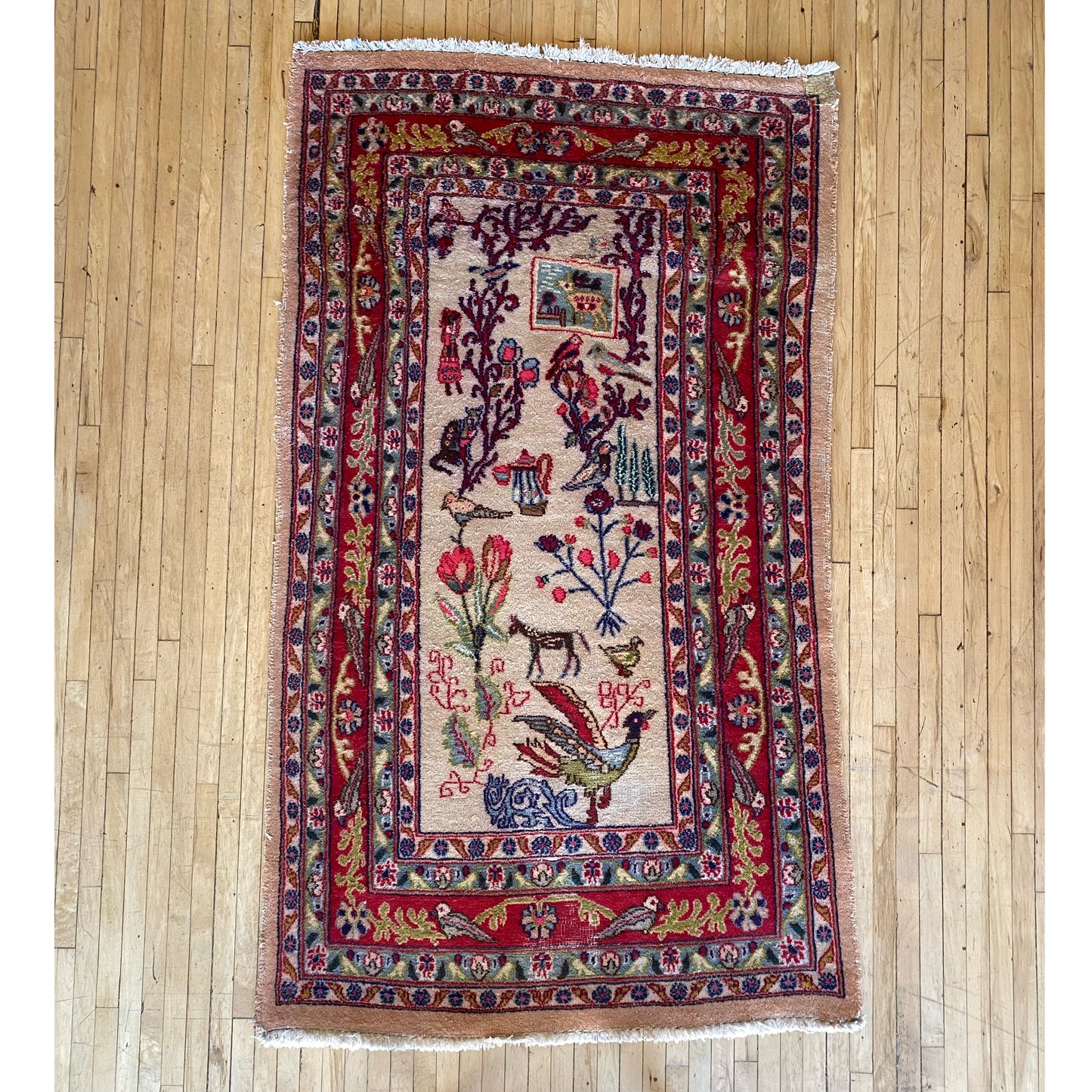 Vintage Hand-knotted Rug with Plants + Animals (3.4 x 5.7)