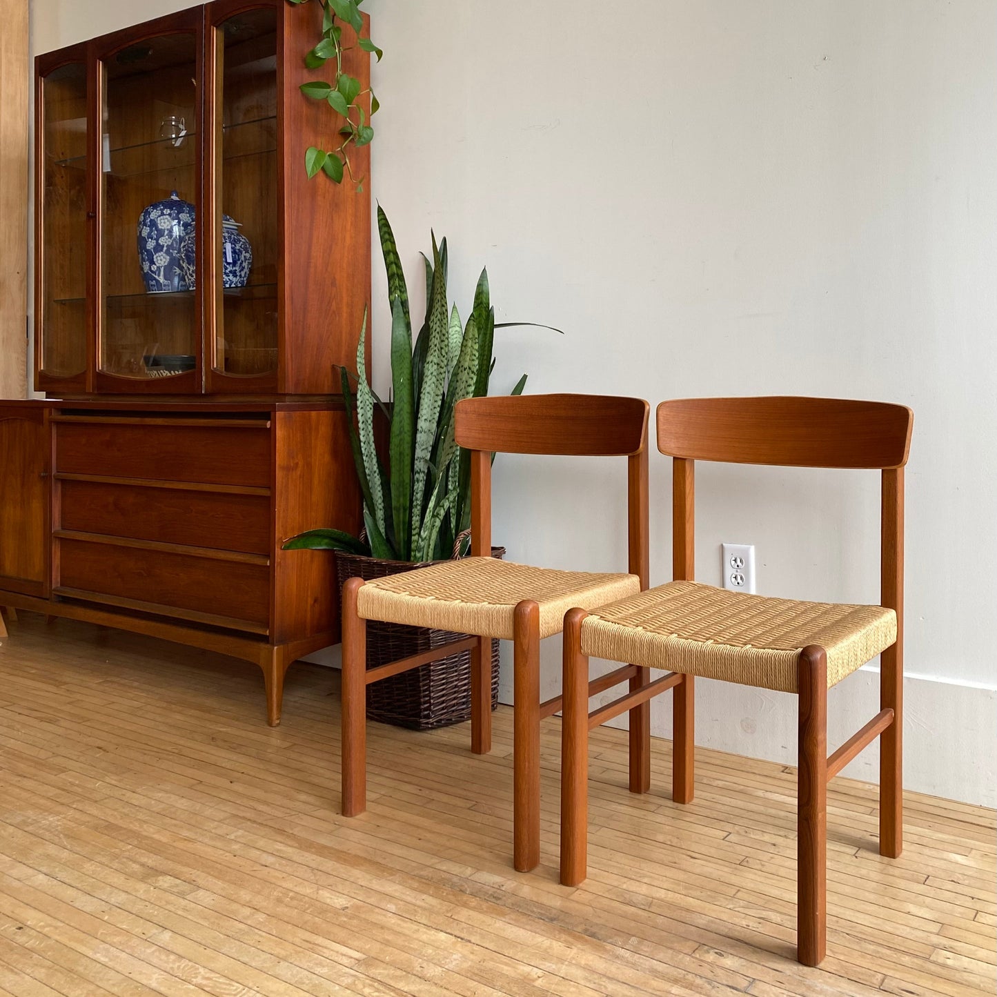 PAIR of Vintage Teak Dining Chairs with Paper Cord Seats