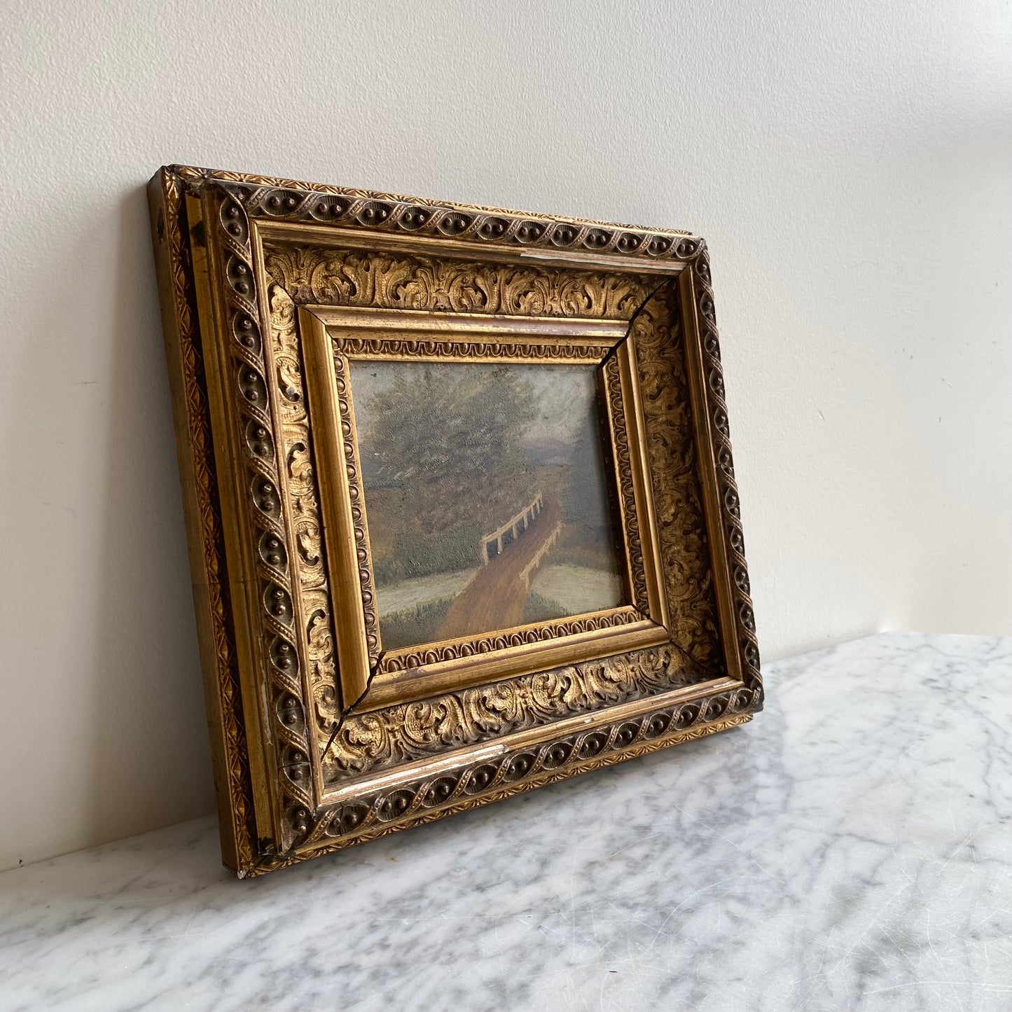 Original Antique Oil Painting, River + Bridge