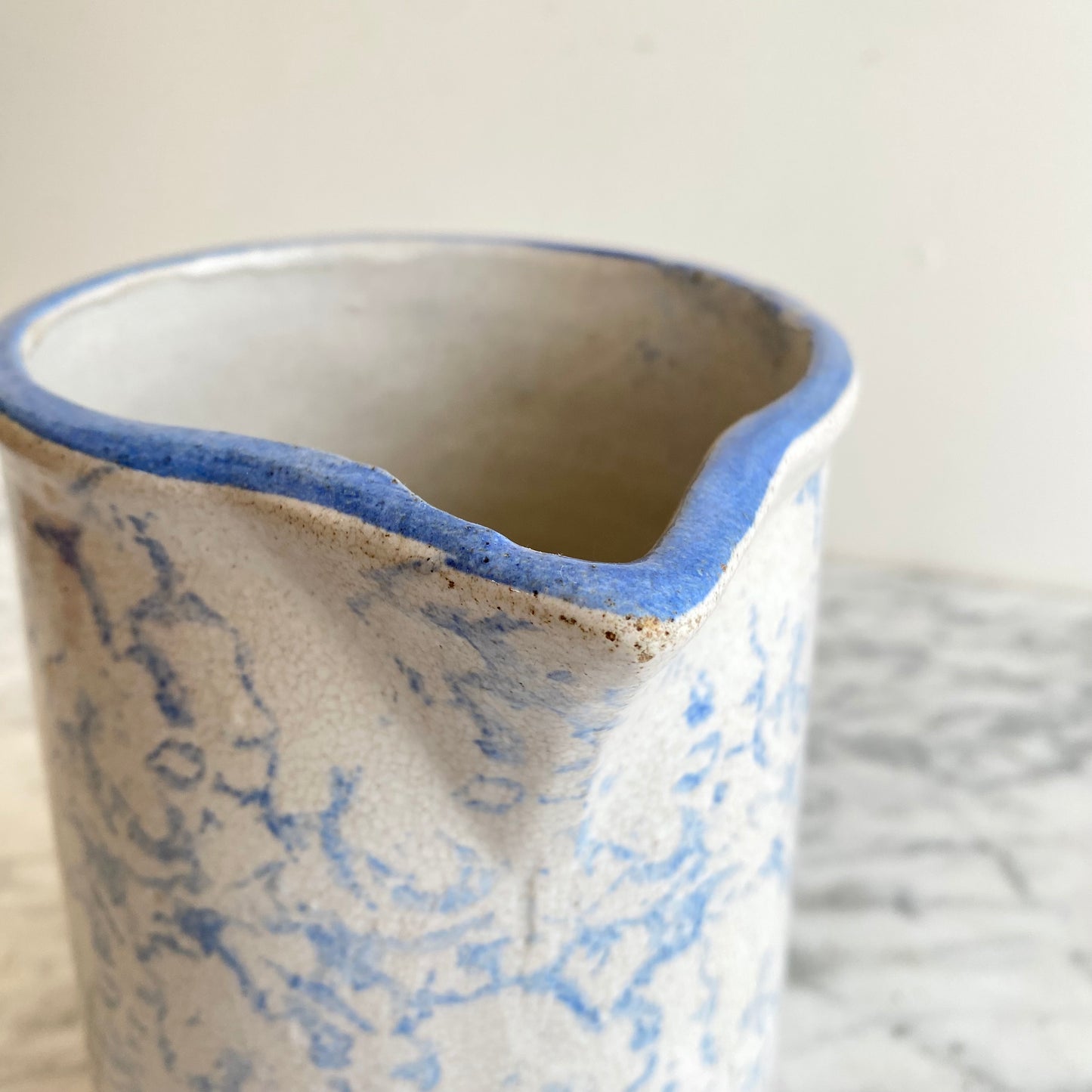 Antique Light Blue Spongeware Pottery Pitcher, 6.5”