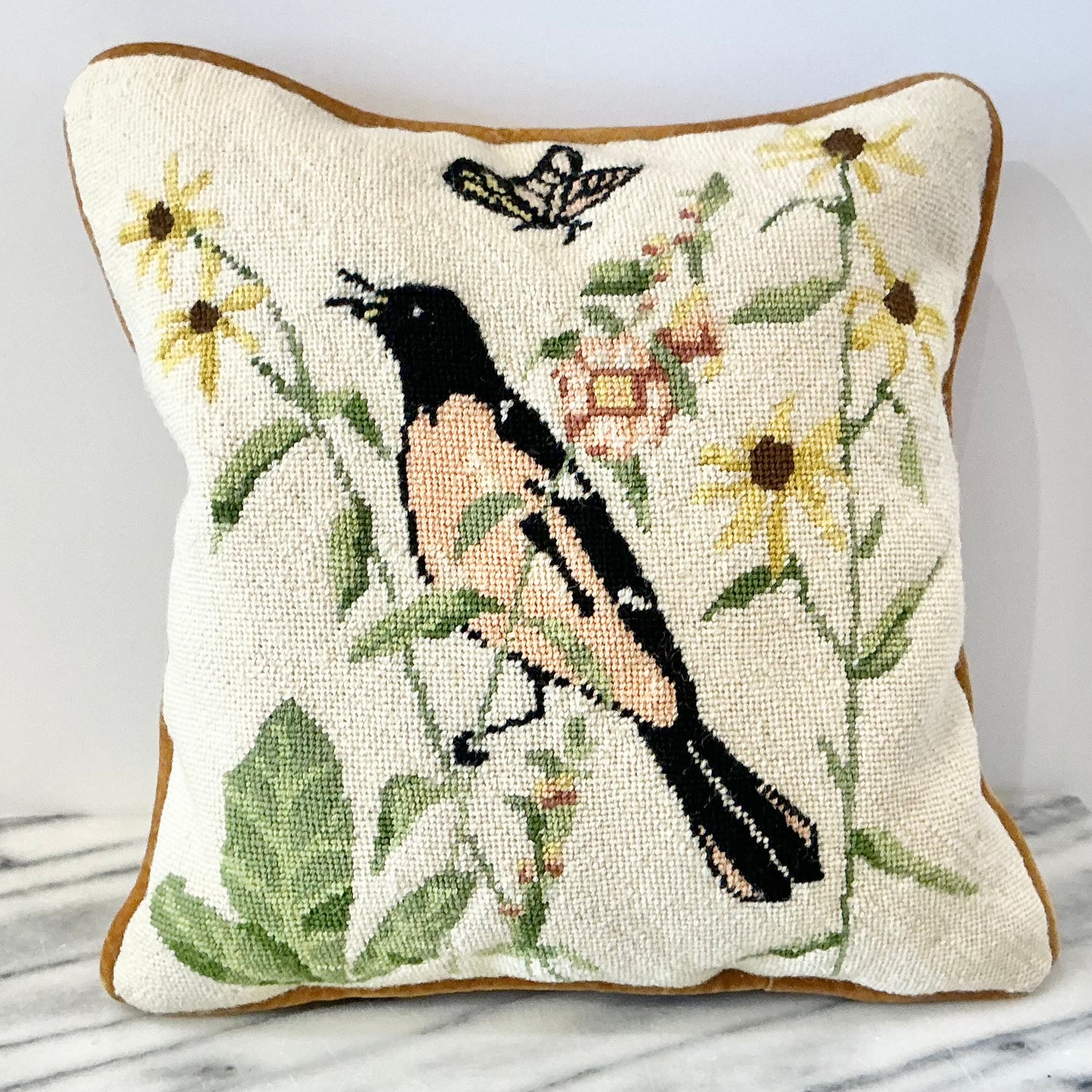 Antique Needlepoint Accent Pillow with Bird