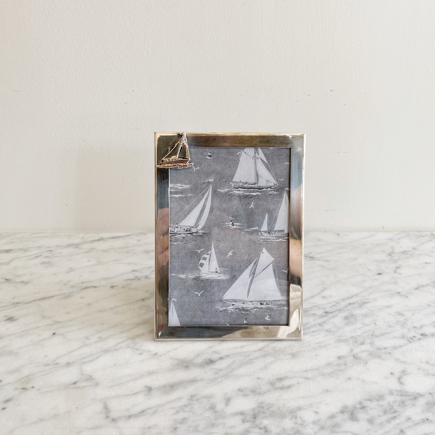 Vintage Silver Picture Frame with Sailboat (5x7) (NAUTICAL COLLECTION)