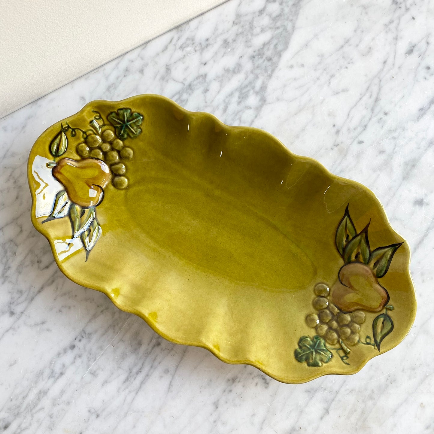 Vintage Chartreuse Ceramic Platter with Fruit