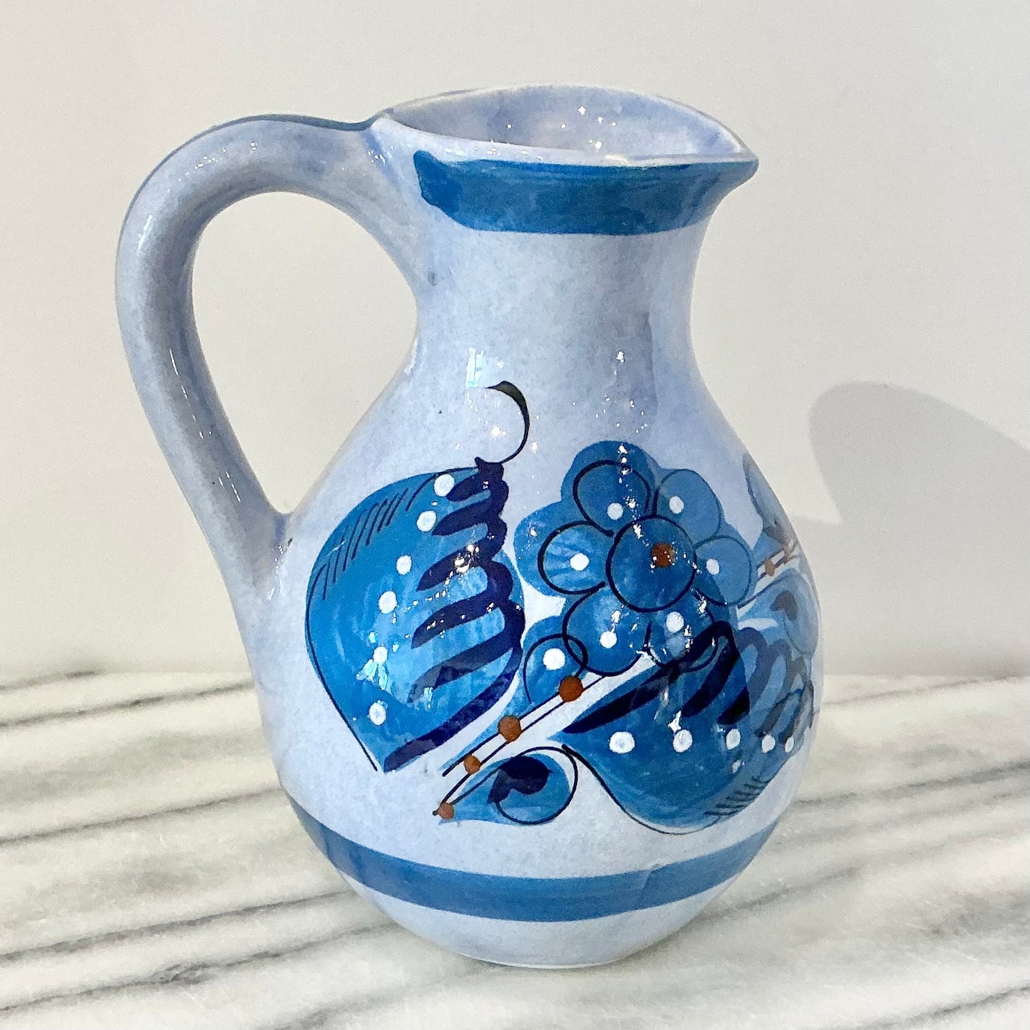 Vintage Blue Hand-Painted Ceramic Mexican Pitcher