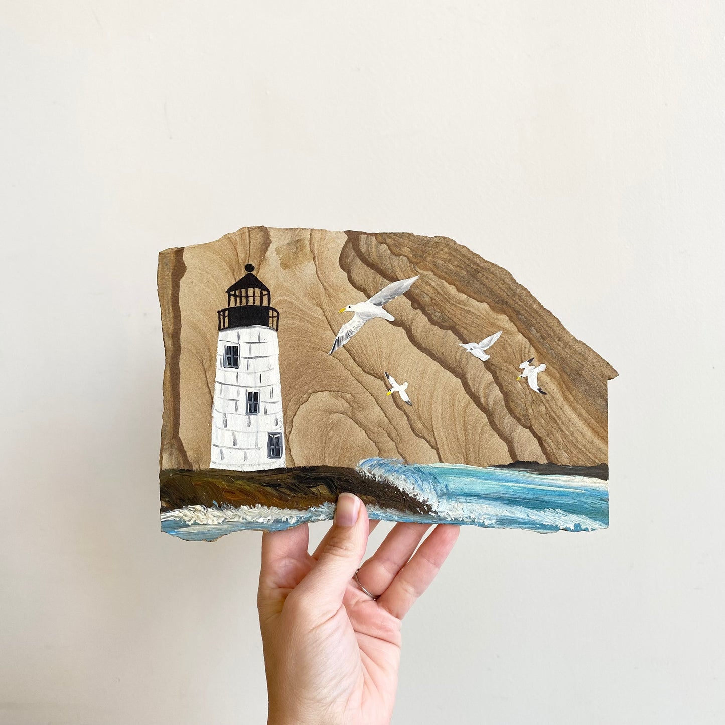 Vintage Hand-painted “Lighthouse & Seashore” Stone Plaque