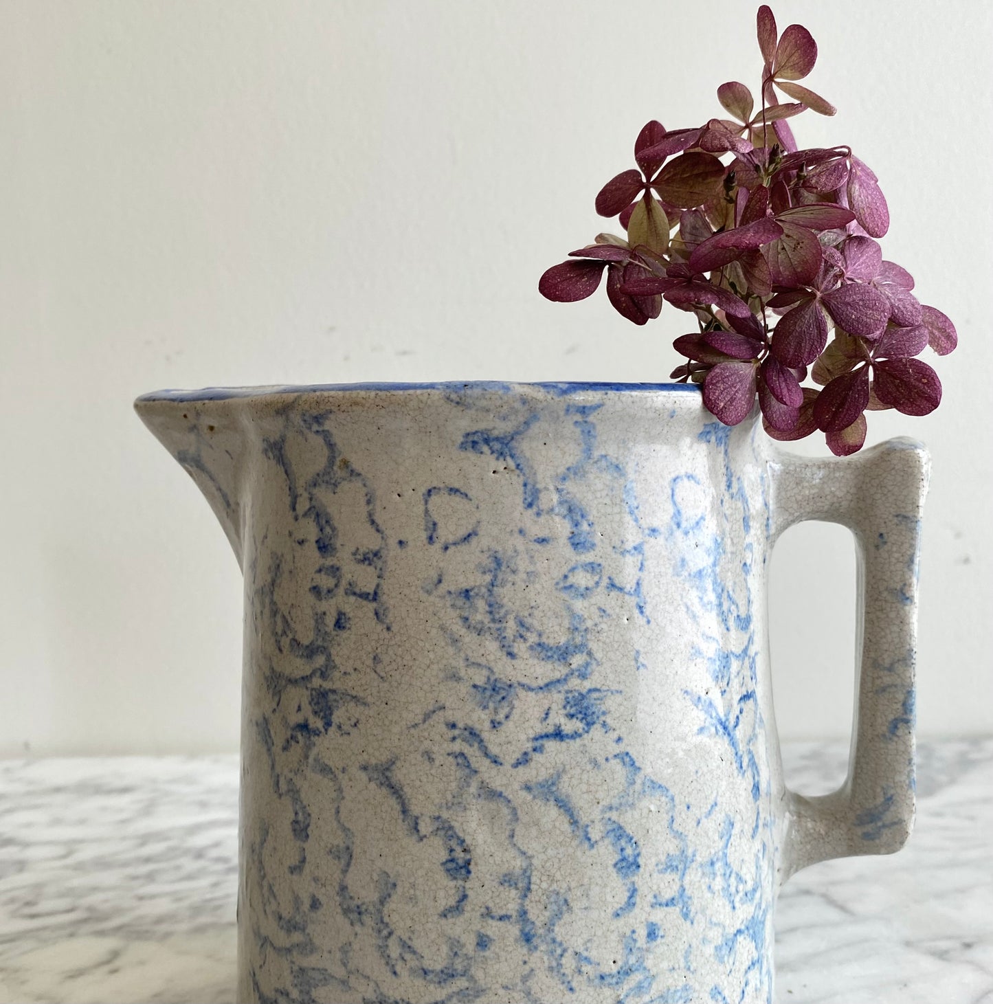 Antique Light Blue Spongeware Pottery Pitcher, 6.5”