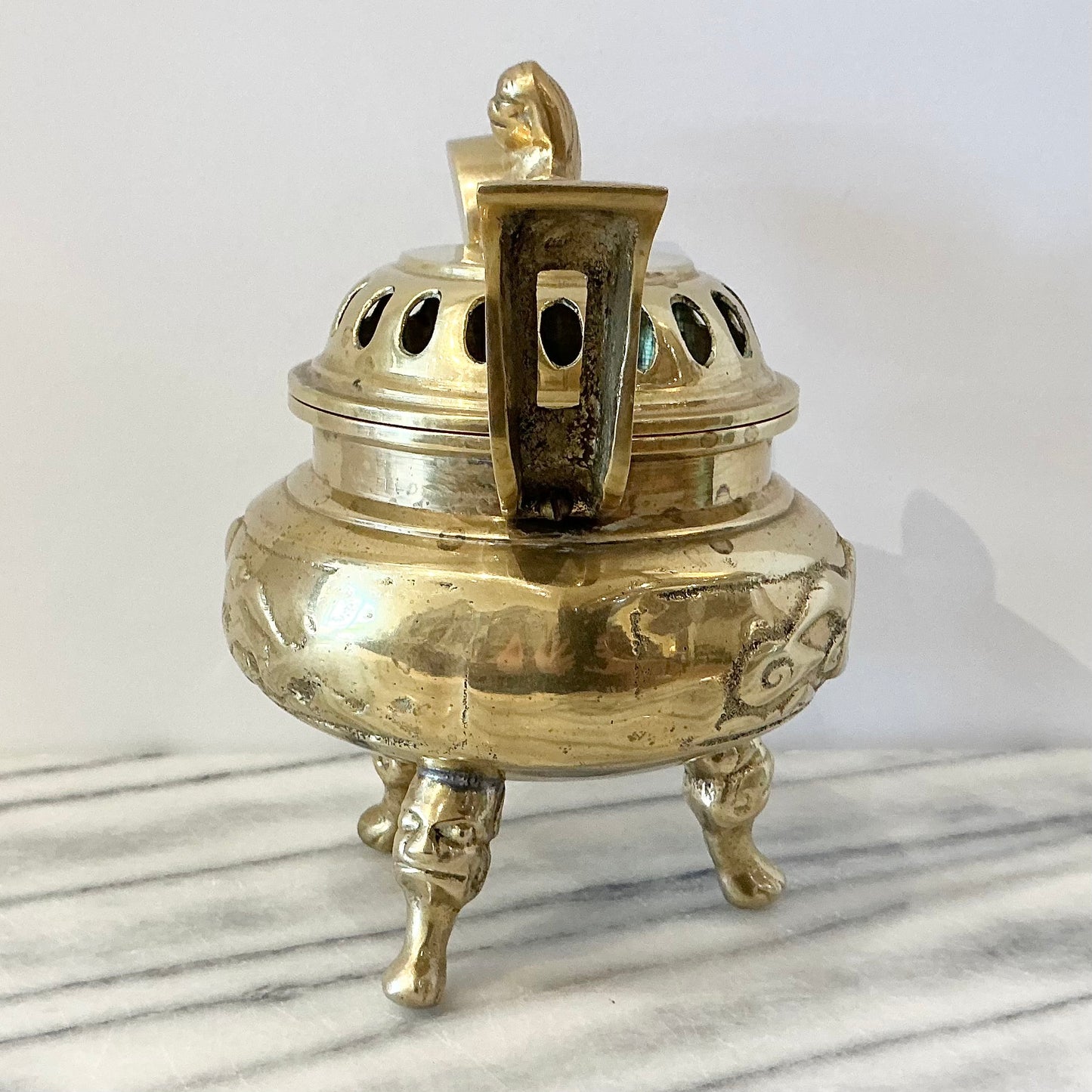Large Vintage Brass Incense Burner with Foo Dog