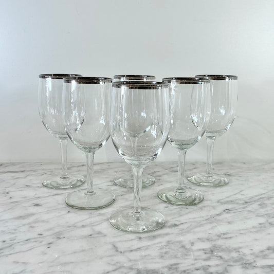 S/6 Vintage Silver Rimmed Wine Glasses