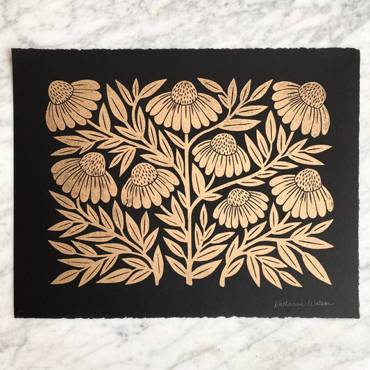 "Gold Echinacea" Hand Block-Printed Art Print (11 x 14)