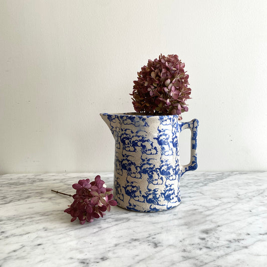 Antique Blue Spongeware Pottery Pitcher, 7”
