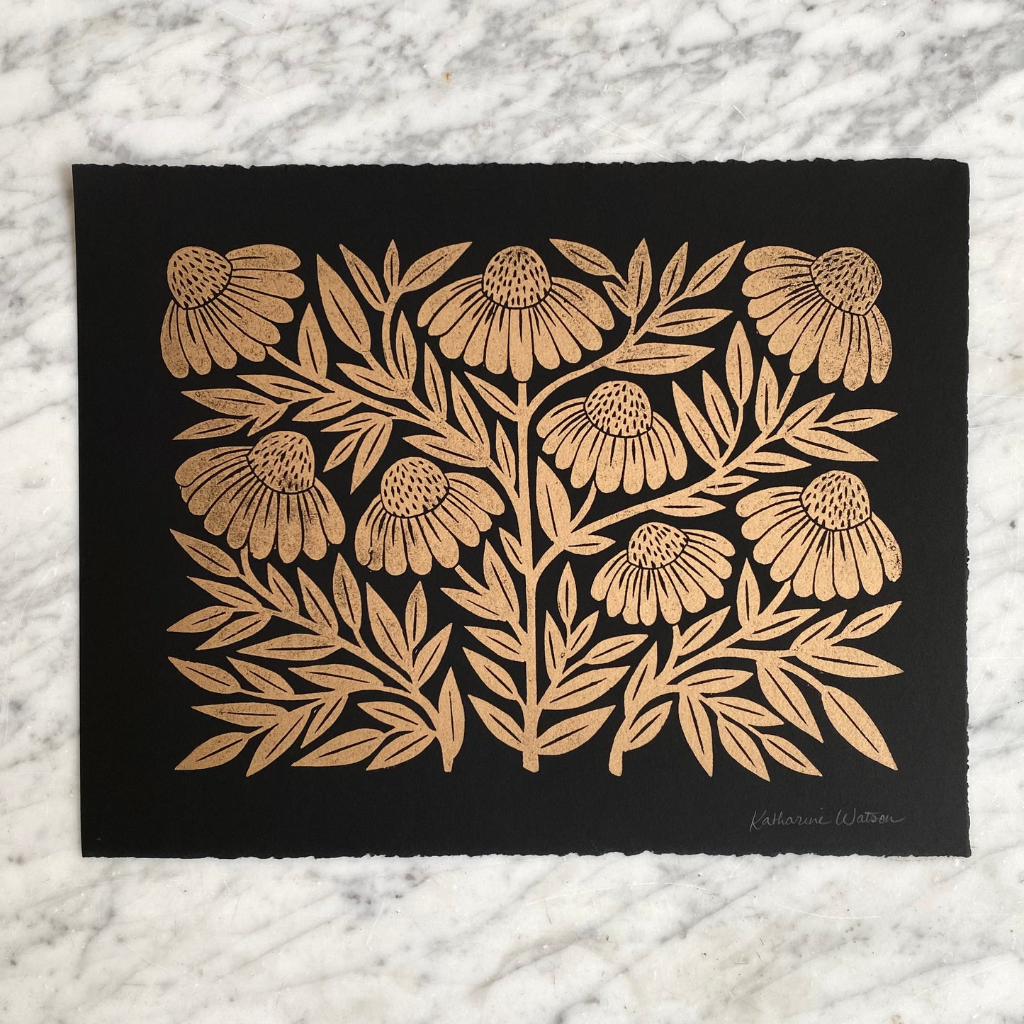 "Gold Echinacea" Hand Block-Printed Art Print (11 x 14)