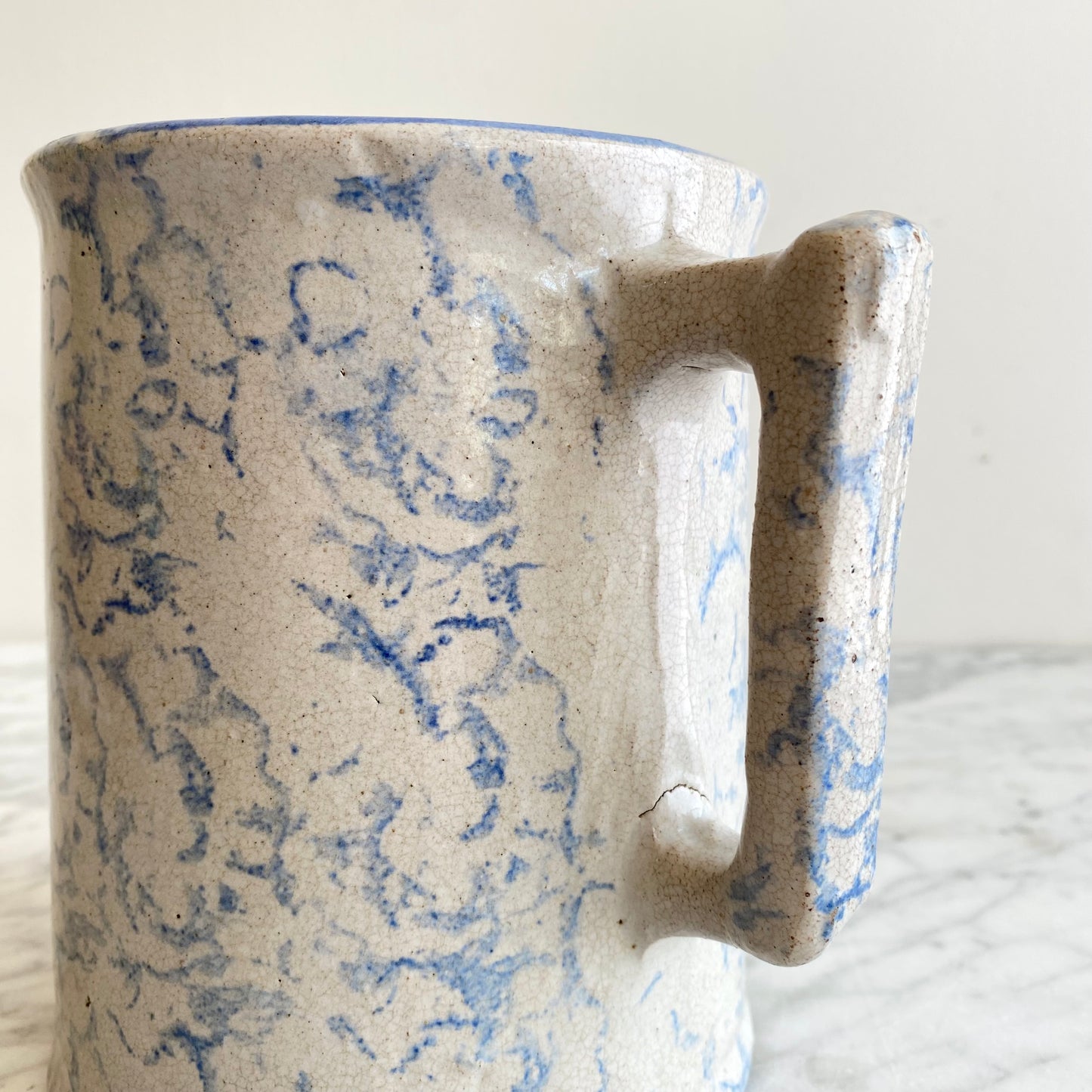 Antique Light Blue Spongeware Pottery Pitcher, 6.5”