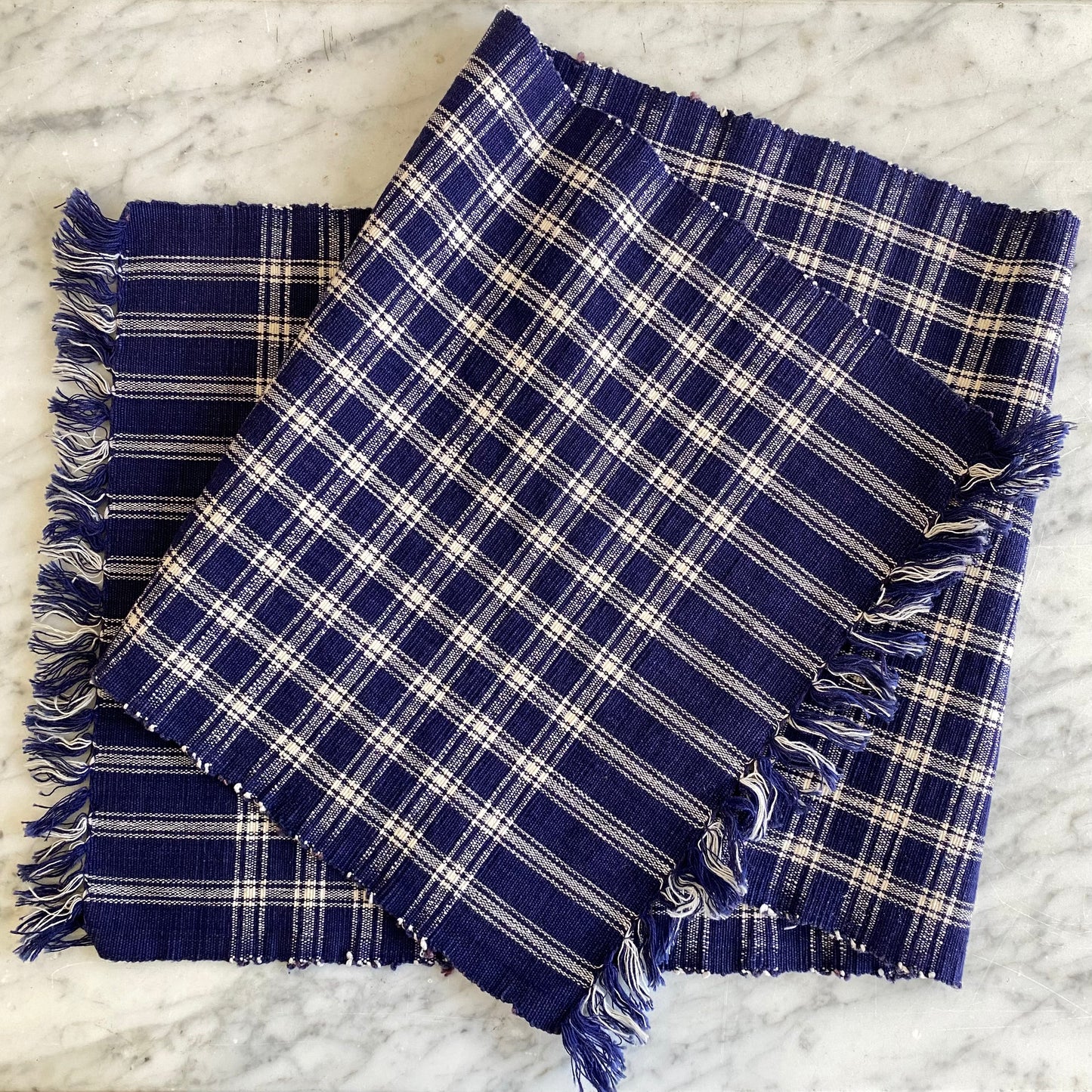 Vintage Hand-woven Blue + White Table Runner (42” x 13”)