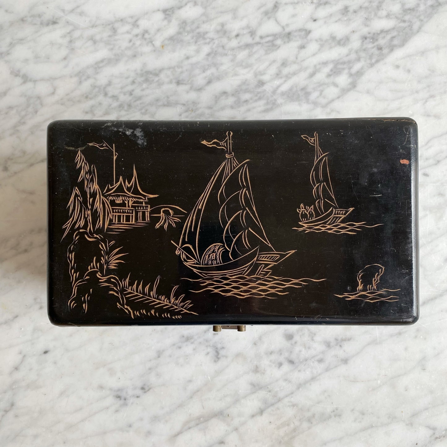 Antique Black Dresser Box, Hand-Carved