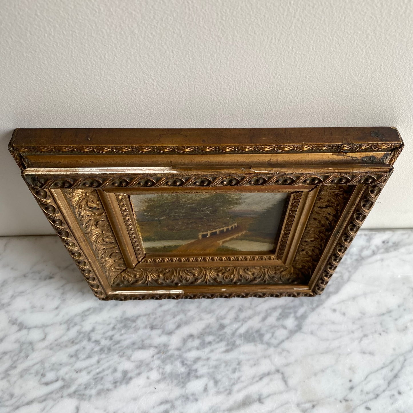 Original Antique Oil Painting, River + Bridge