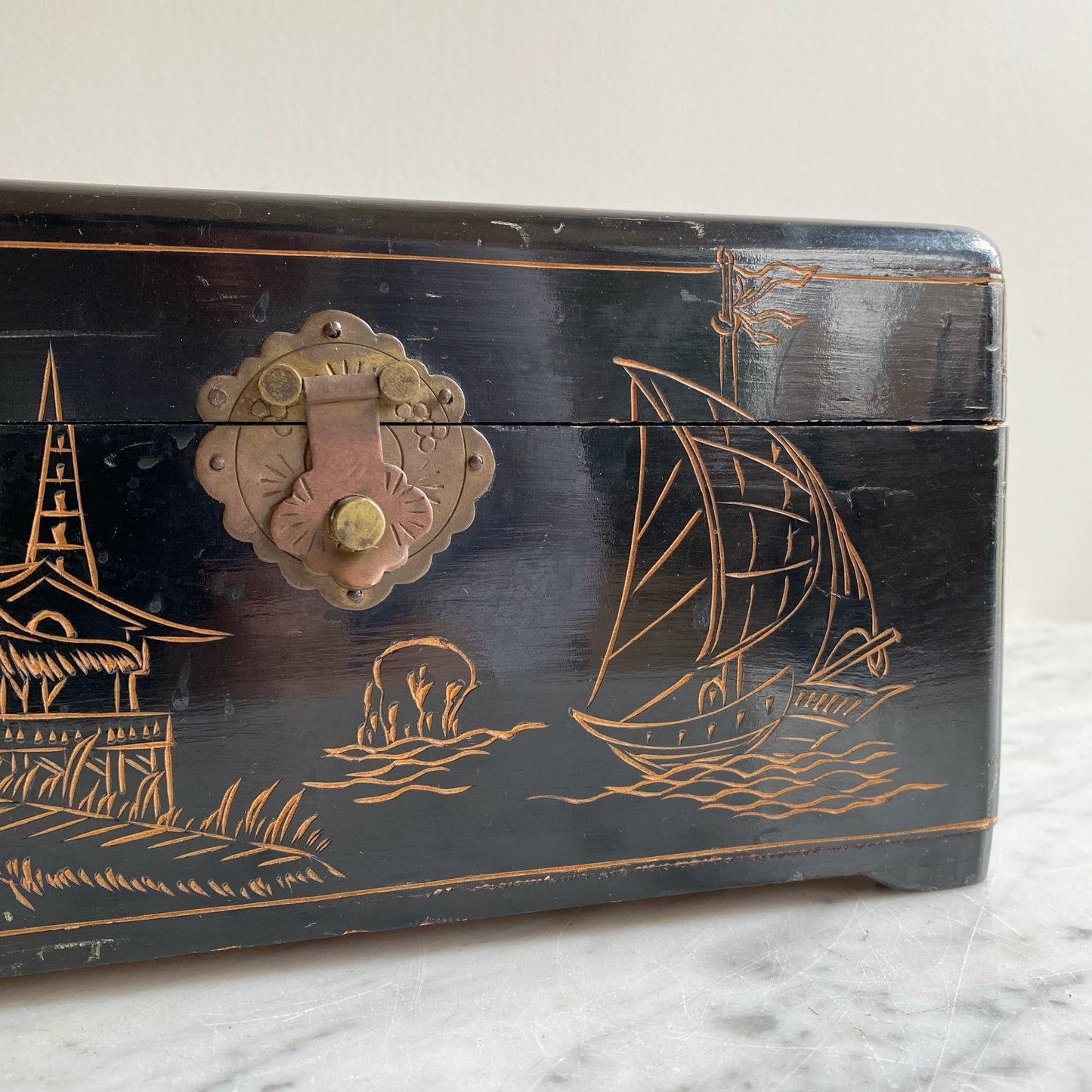 Antique Black Dresser Box, Hand-Carved