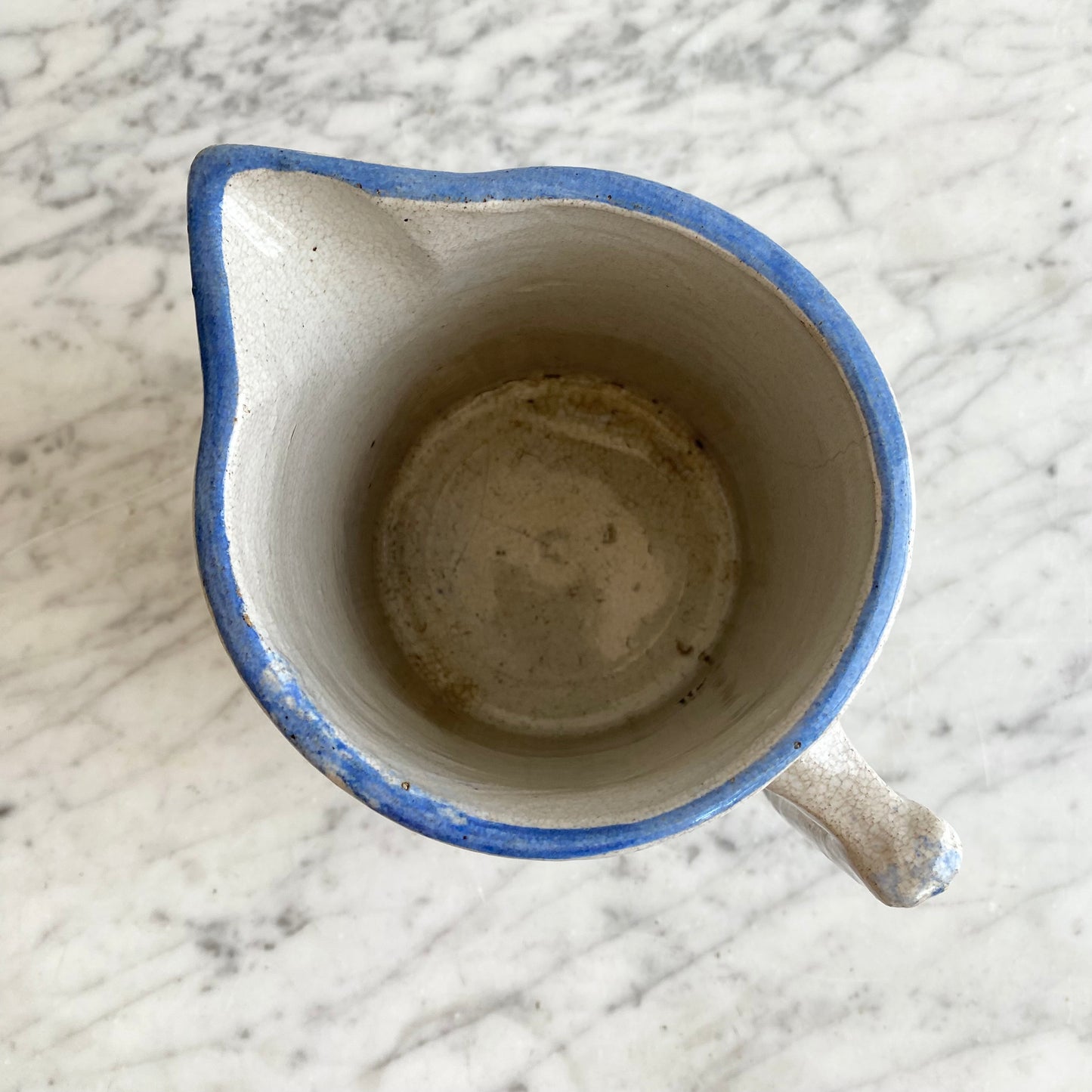 Antique Light Blue Spongeware Pottery Pitcher, 6.5”