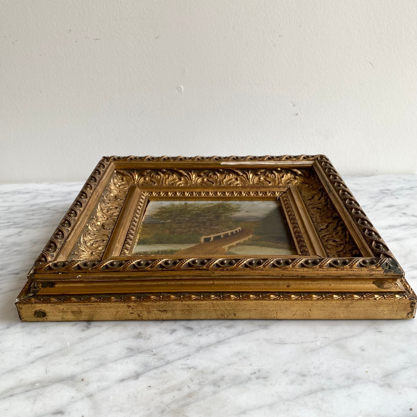 Original Antique Oil Painting, River + Bridge