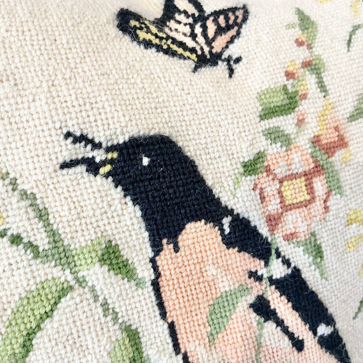 Antique Needlepoint Accent Pillow with Bird