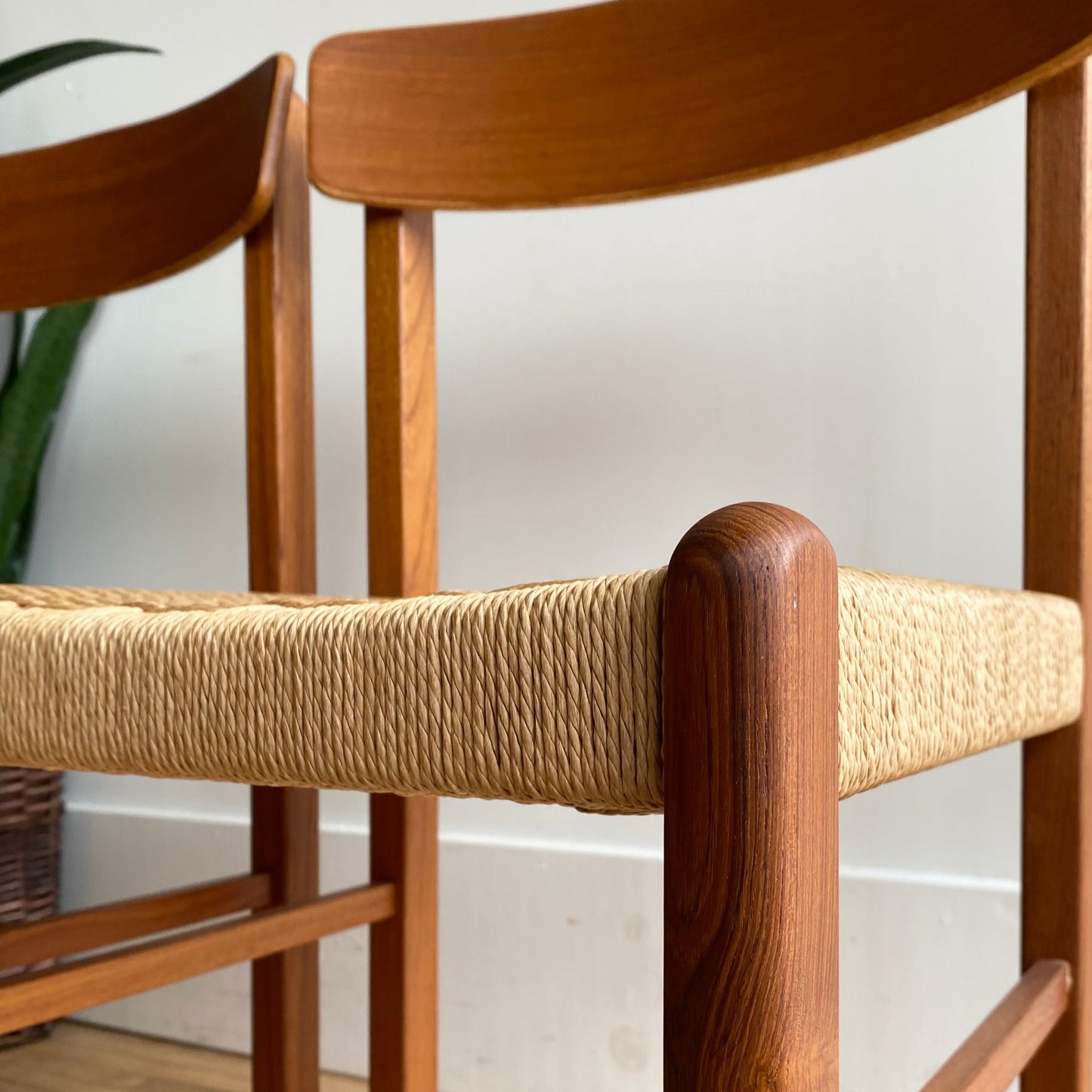 PAIR of Vintage Teak Dining Chairs with Paper Cord Seats