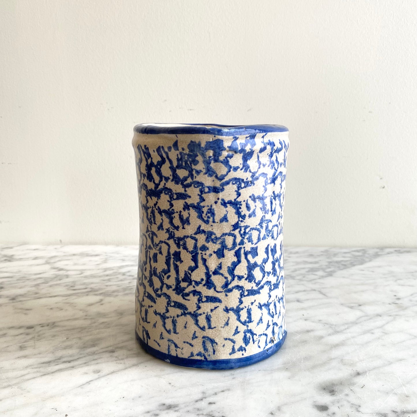 Antique Blue Spongeware Pottery Pitcher, 7”