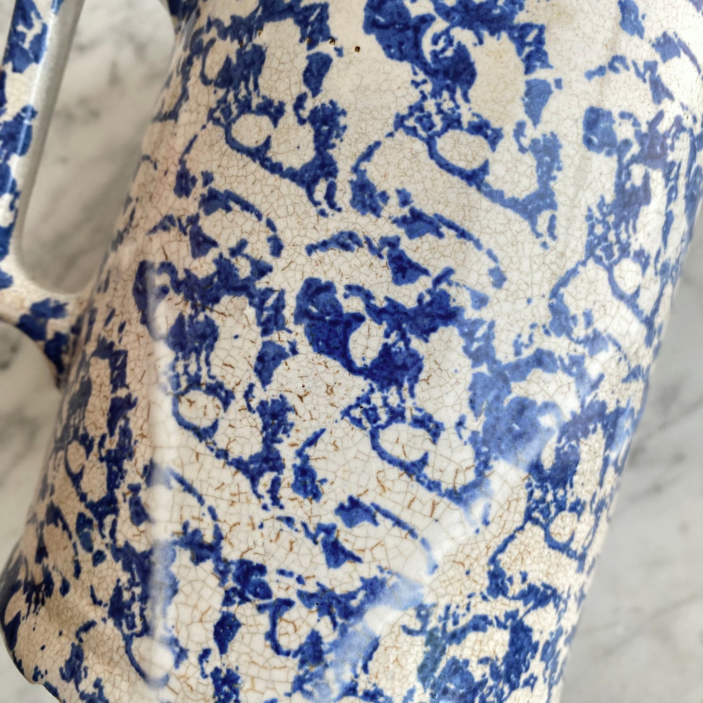 Antique Blue Spongeware Pottery Pitcher, 7”