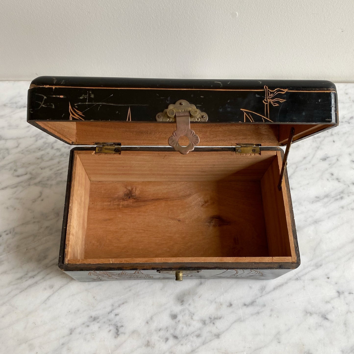 Antique Black Dresser Box, Hand-Carved