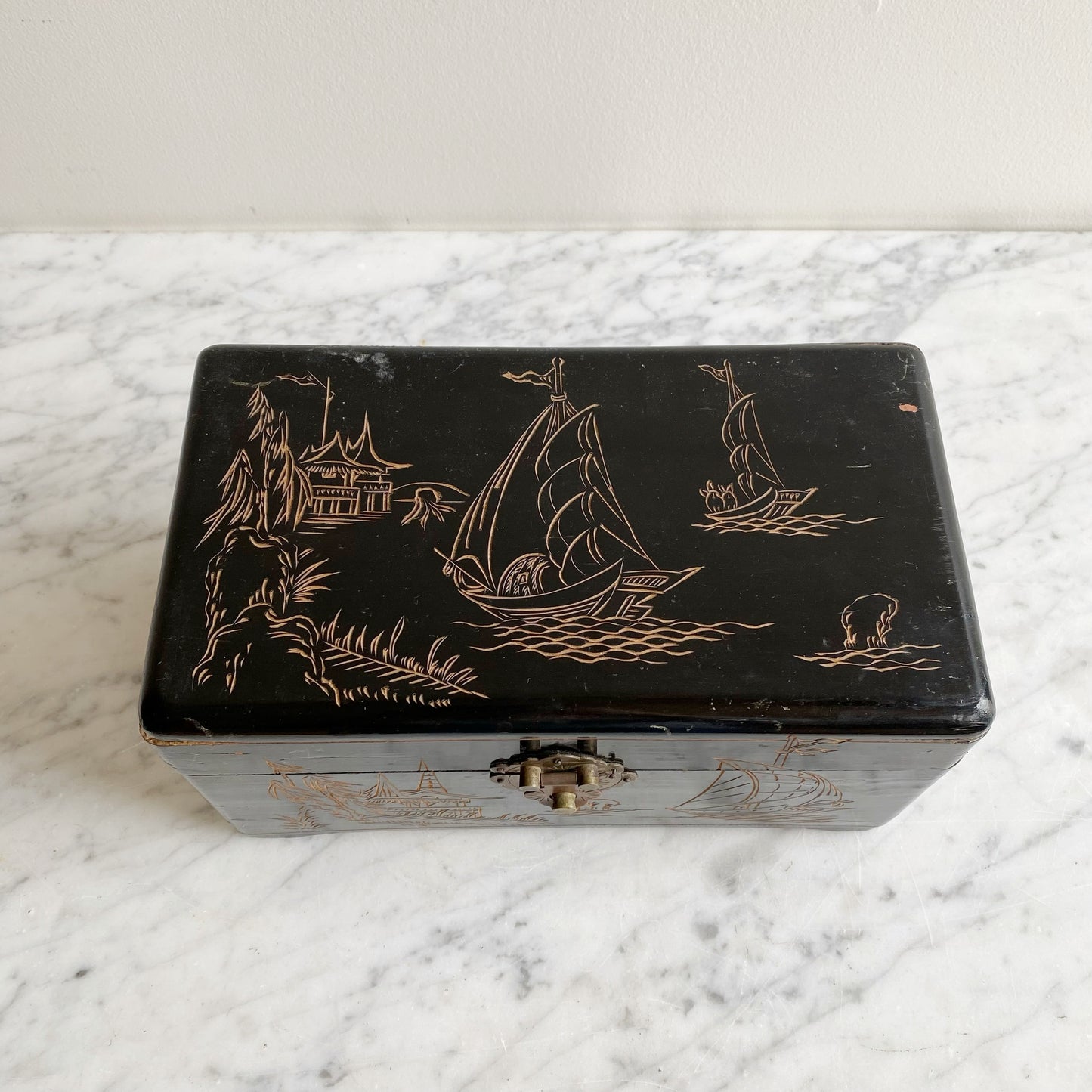 Antique Black Dresser Box, Hand-Carved