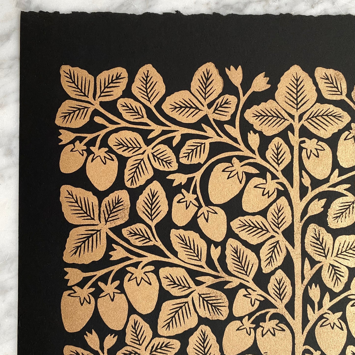 "Gold Strawberries" Hand Block-Printed Art Print (11x14)