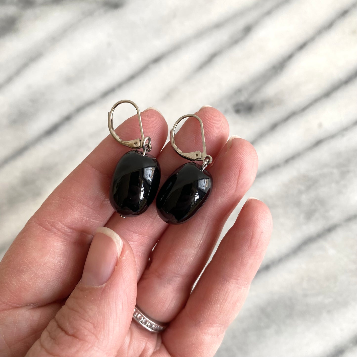 Dangling Black Glass Bead Earrings