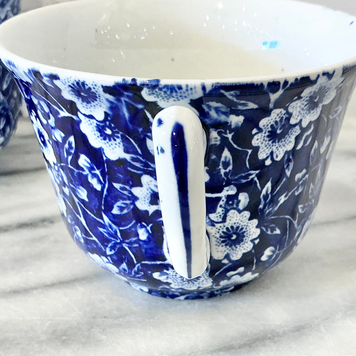 S/6 Vintage Blue + White Floral Teacups, England