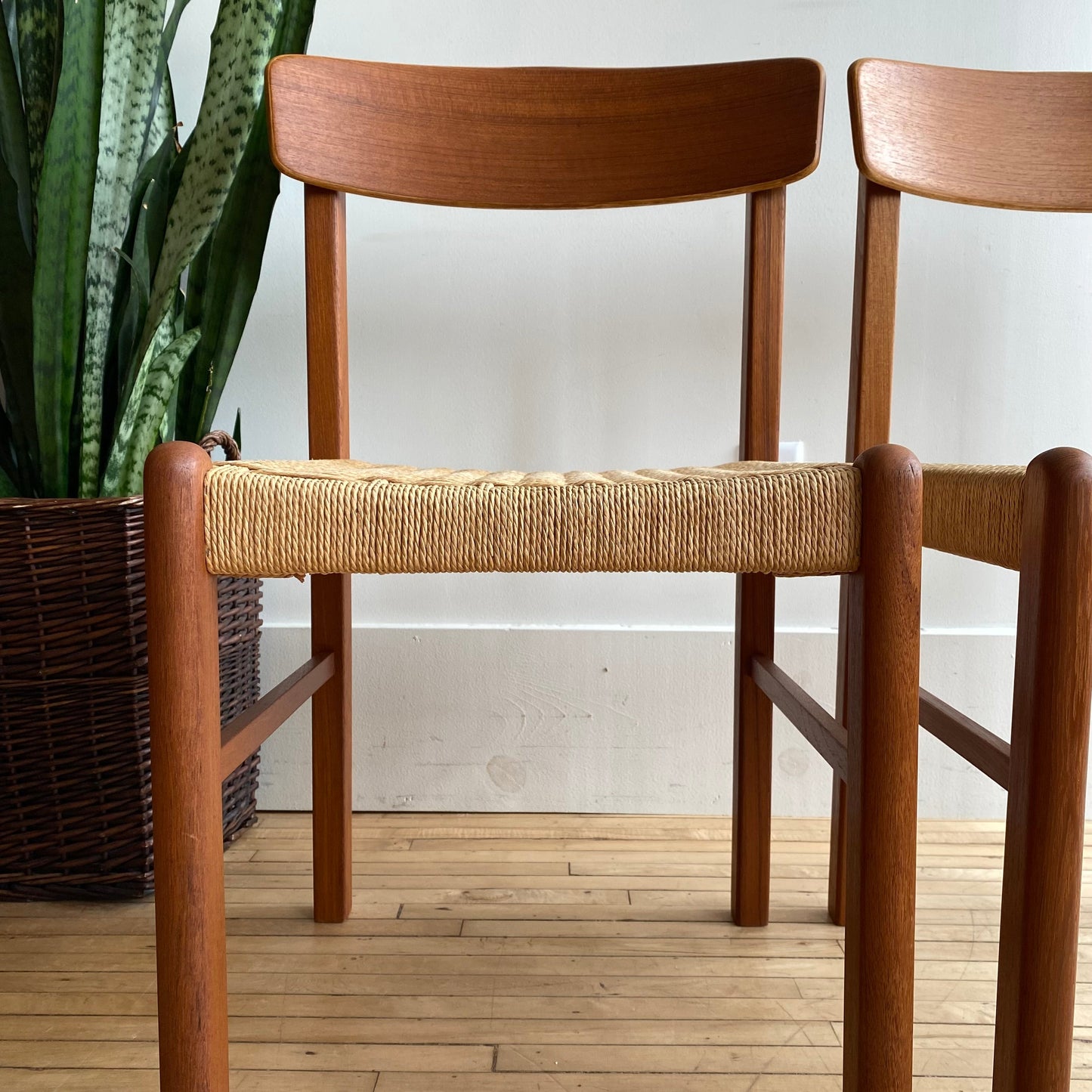 PAIR of Vintage Teak Dining Chairs with Paper Cord Seats