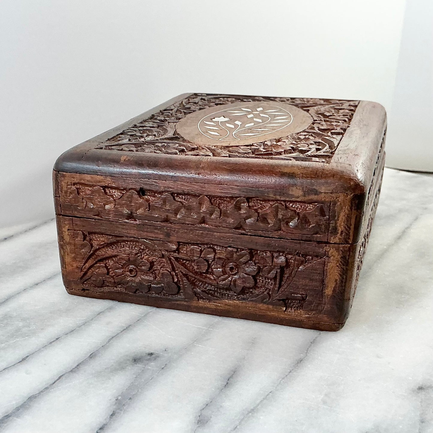 Vintage Carved Wooden Box with Inlay