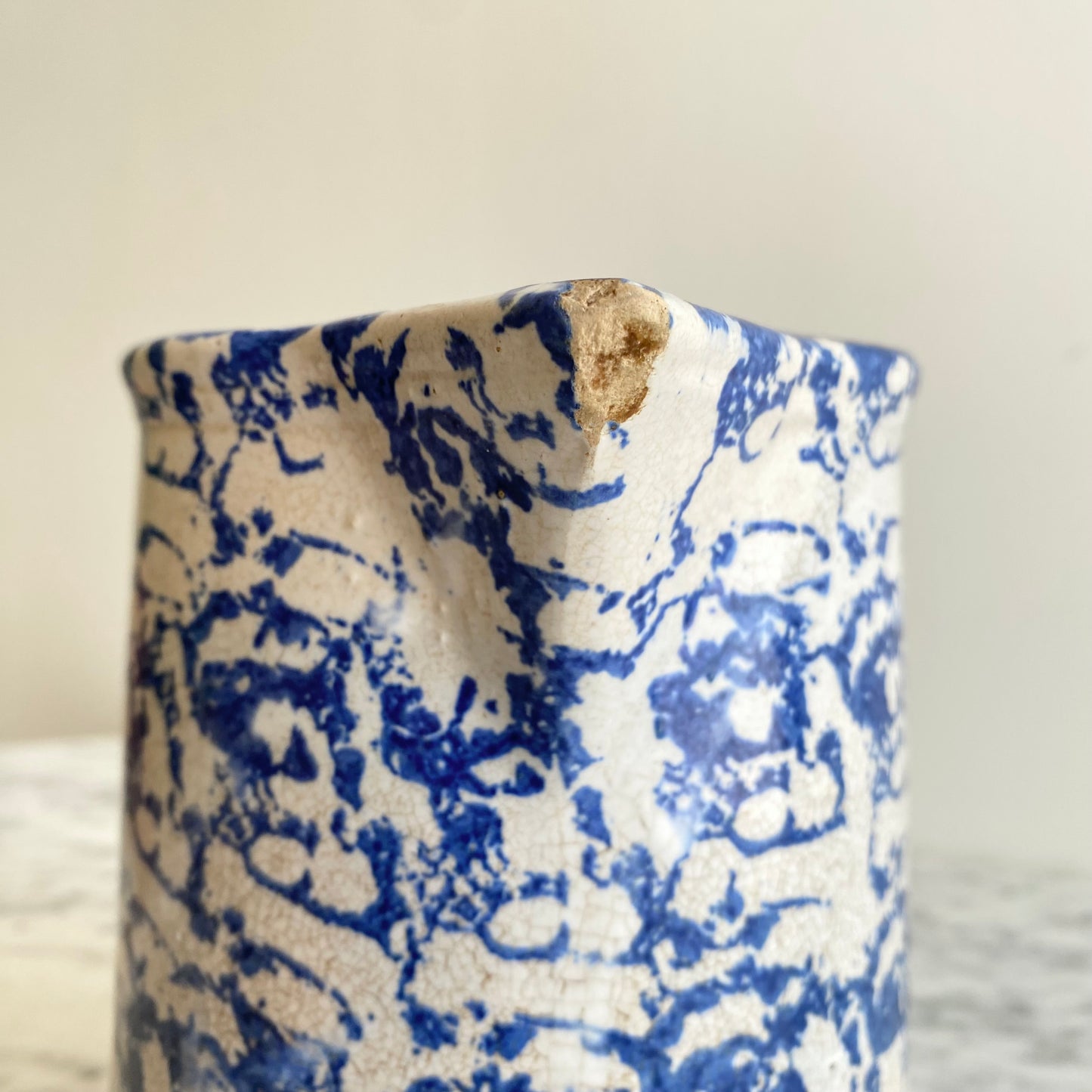 Antique Blue Spongeware Pottery Pitcher, 7”