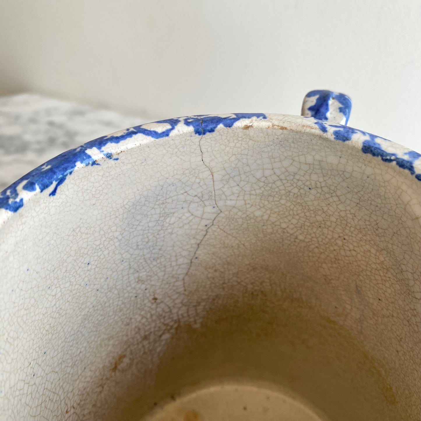 Antique Blue Spongeware Pottery Pitcher, 7”