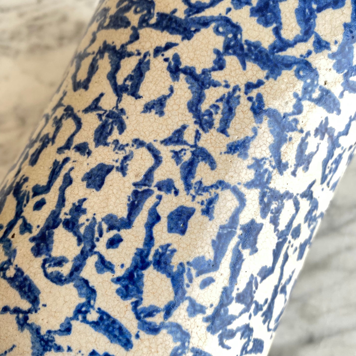 Antique Blue Spongeware Pottery Pitcher, 7”