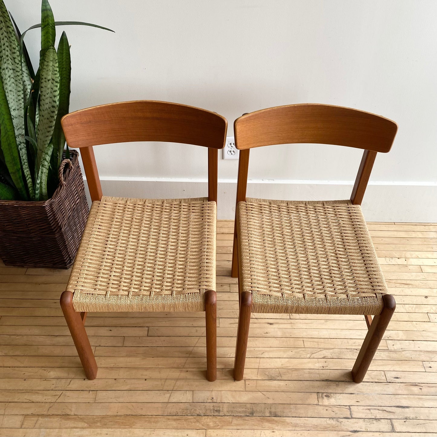 PAIR of Vintage Teak Dining Chairs with Paper Cord Seats