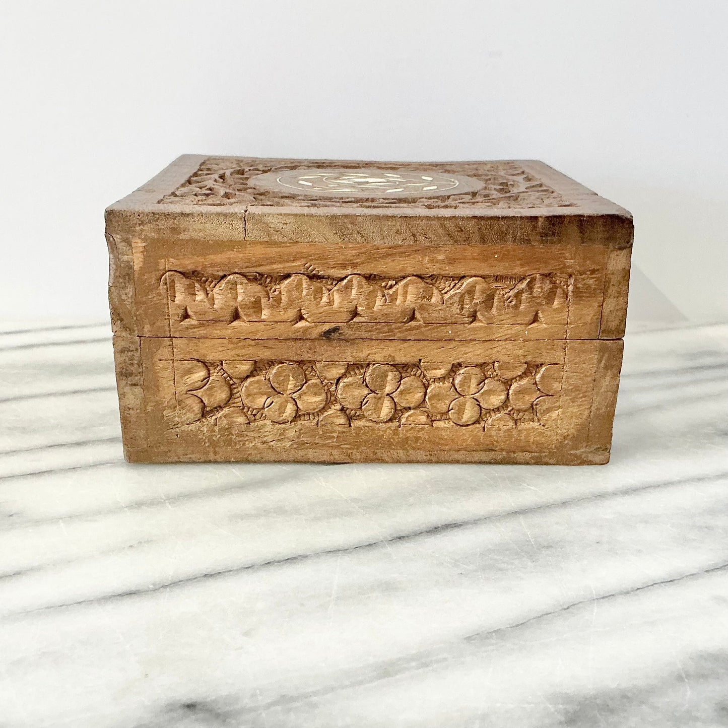 Vintage Carved Wooden Box with Inlay