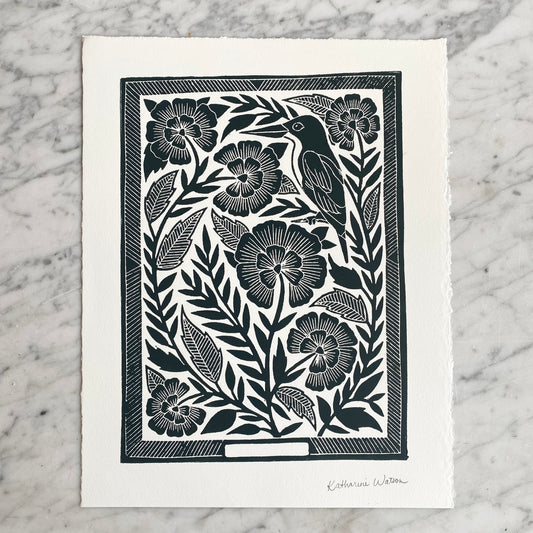 "Bird" Hand Block-Printed Art Print (11 x 14)