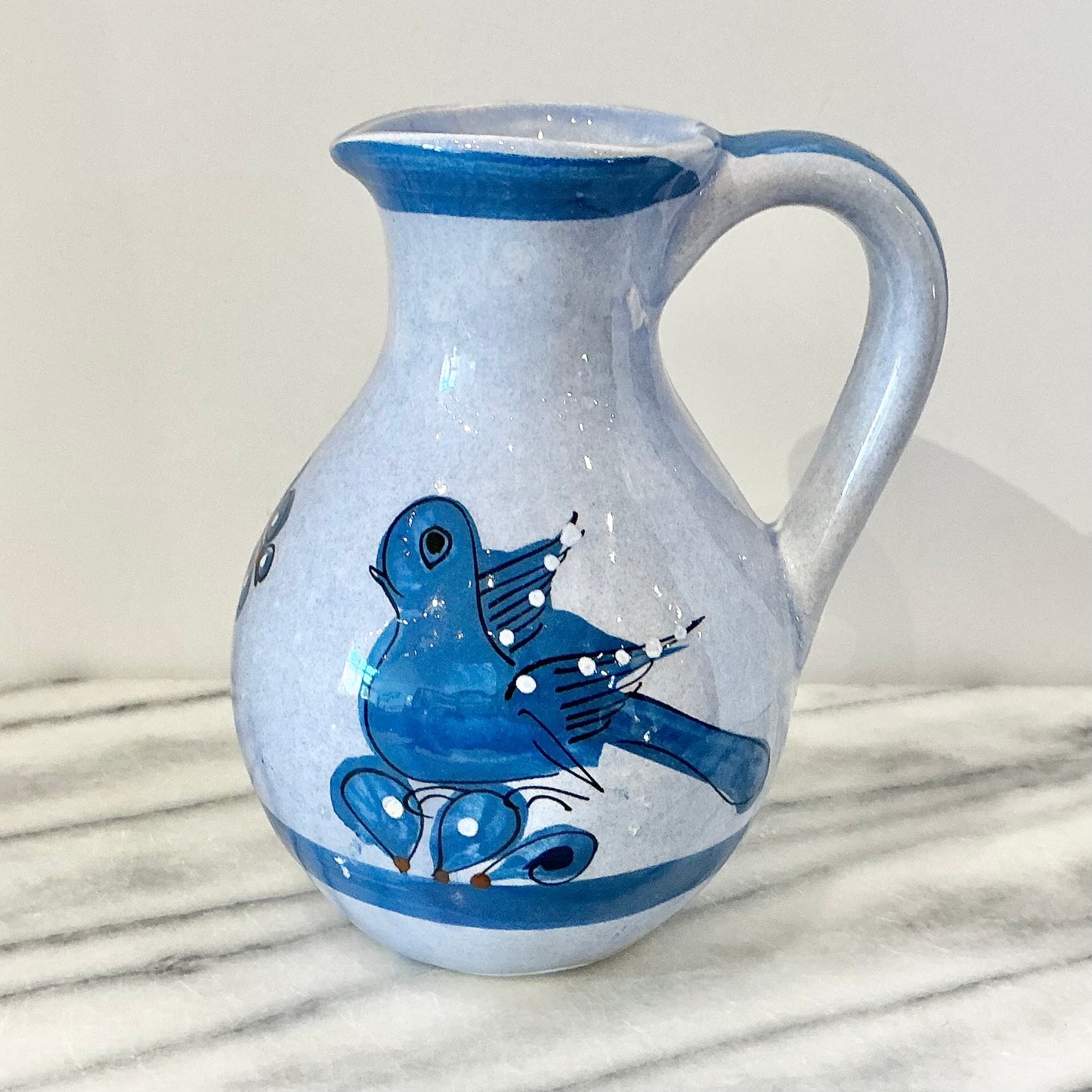 Vintage Blue Hand-Painted Ceramic Mexican Pitcher