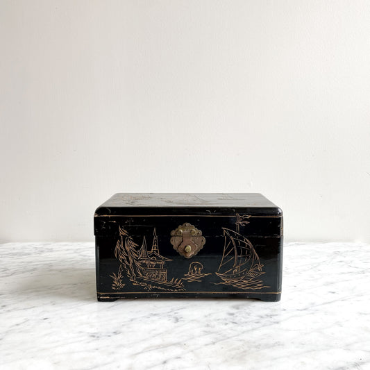 Antique Black Dresser Box, Hand-Carved