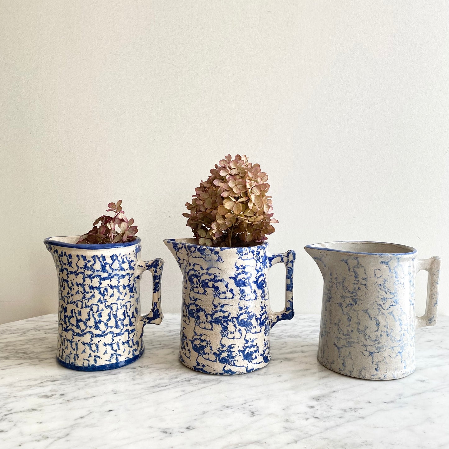 Antique Light Blue Spongeware Pottery Pitcher, 6.5”