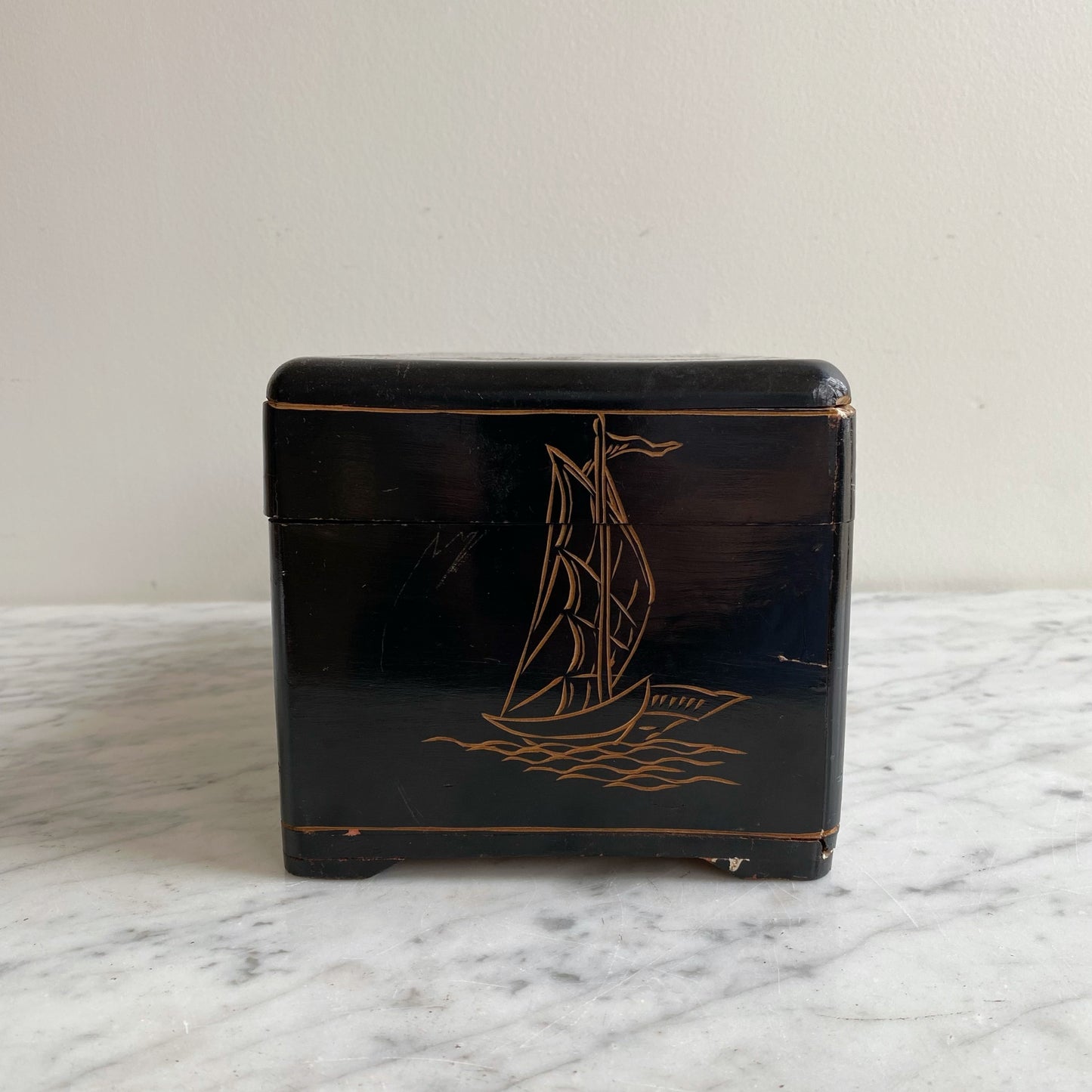 Antique Black Dresser Box, Hand-Carved