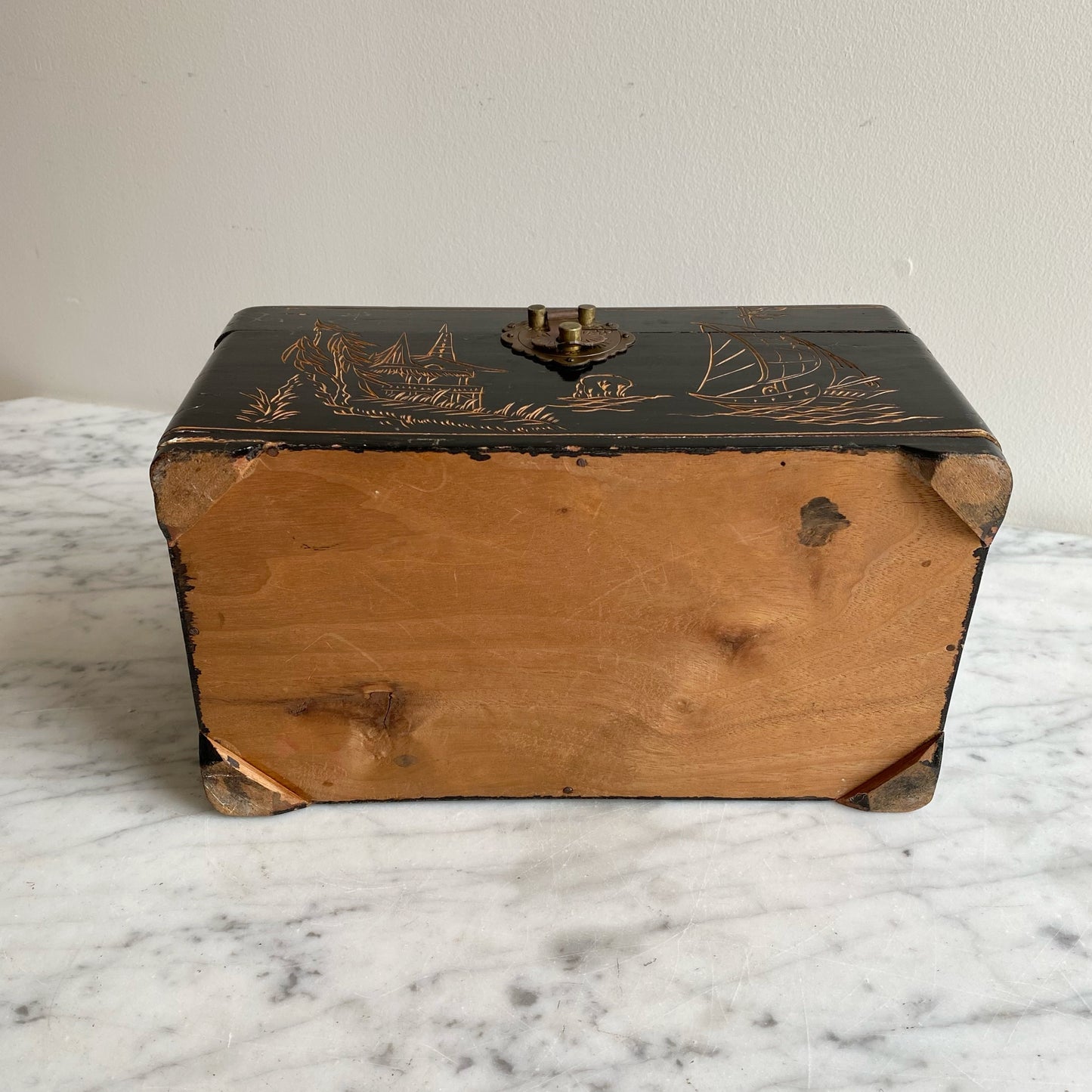 Antique Black Dresser Box, Hand-Carved