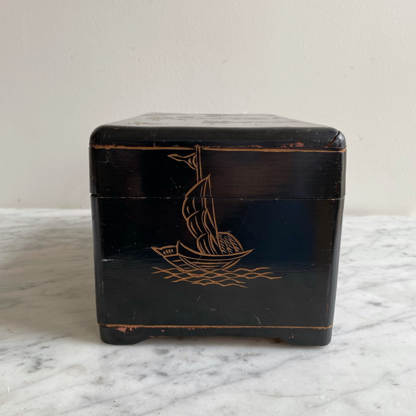 Antique Black Dresser Box, Hand-Carved